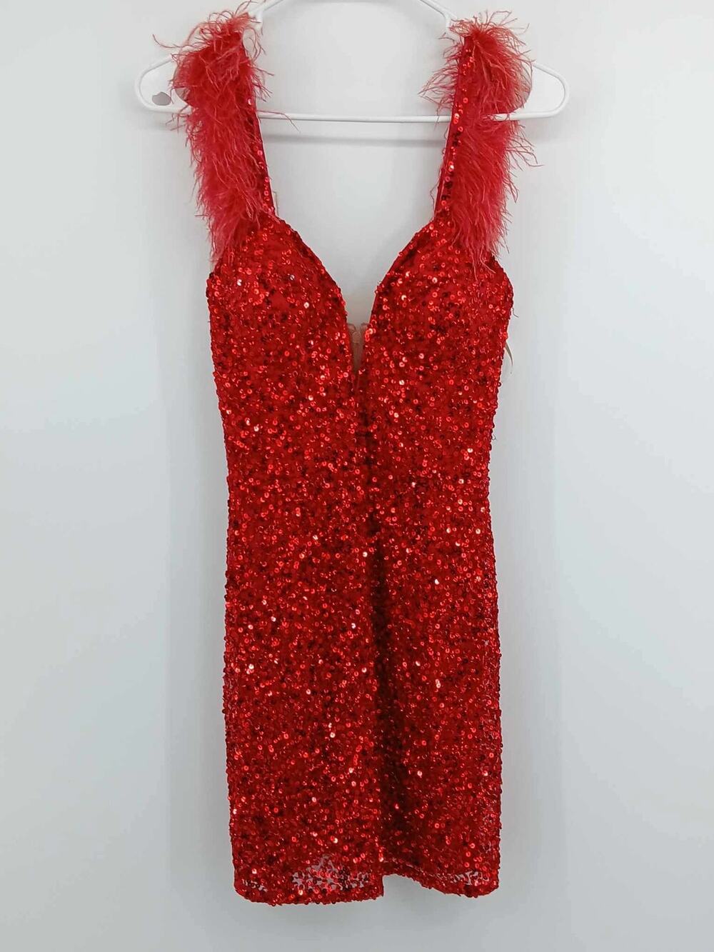 Sequined mini dress, Aleta, plunging V-neck with feather straps